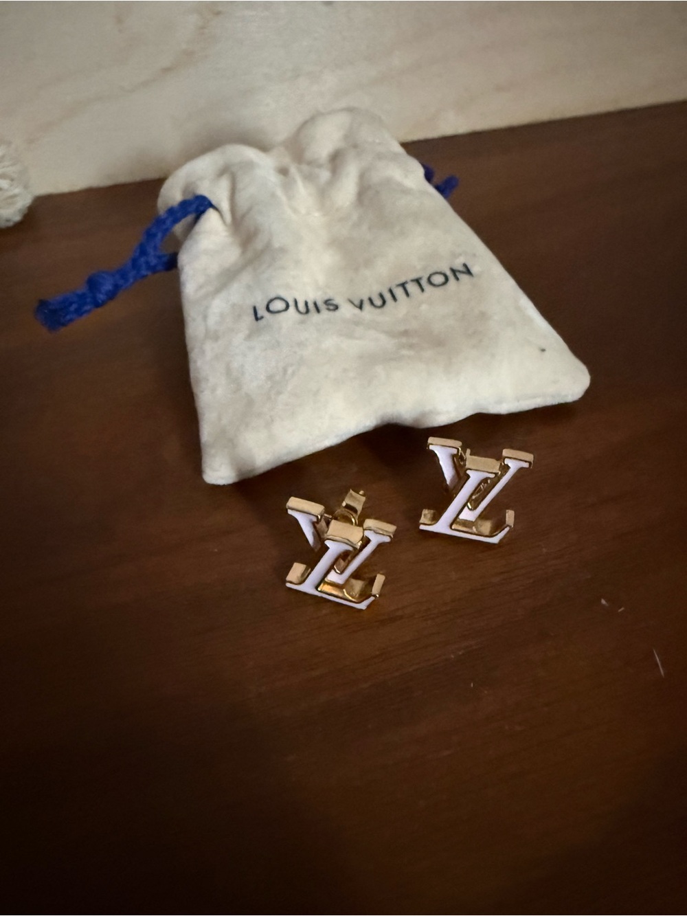 Louis Vuitton White and Gold and Pink Enamel Logo Pushback Earrings with Pouch